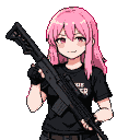 Young Japanese girl with pink hair and a mischievous smirk, wearing a black t-shirt and holding a sniper rifle.