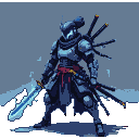 Cyber-ronin in matte black and chrome armor with crimson fiber-optic accents, wearing a digital purple cloak. It has a multi-lens data-mask with a bright blue glowing lens and wields a luminous electric-blue cyber-nodachi.