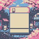 Shin-chan and Shiro stand ready beside a retro login prompt, framed by a pixelated spring scene of convenience stores and cherry blossoms.
