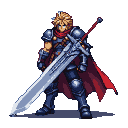 Stoic warrior in dark blue armor with silver accents, red scarf, and crimson cape, holding a gleaming Buster Sword diagonally.