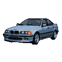 A light blue BMW sedan in side profile, rendered in a retro pixel art style.