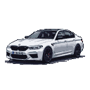 A white BMW M5 F90 sedan in a side profile, rendered with chunky pixels, featuring a dark grille and black wheels.