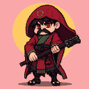 Stoic samurai in red armor and hooded robe, gripping a katana, with glowing red eyes.