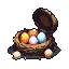 Woven nest with four colorful eggs: orange, pink, blue, and golden-brown, inside an open, dark, textured basket.