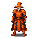 Formidable wizard in full-body orange pixelated armor with a flowing cape, stern expression, and white beard.