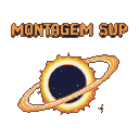 Solar eclipse with fiery corona and bright pixelated ring, set against a black background. Bold orange pixelated text "MONTAGEM SUP" is positioned above the eclipse.