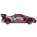 Red and white race car with a prominent rear spoiler and racing decals, shown in sharp side profile.