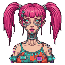 Cyborg pixie woman with vibrant pink pigtails, glowing ethereal eyes, and teal circuitry on her cheeks and neck. She wears a colorful, fragmented orange and teal outfit.