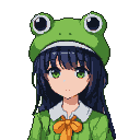 Pixel Art: anime girl portrait in frog hat
