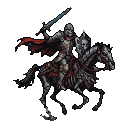 Skeletal knight in ornate armor and crimson cape on a spectral horse, wielding a glowing blue sword.