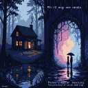 A glowing cabin in a dark, rainy forest, with an arching, pulsating portal of pink and blue light to the right, framing two indistinct figures holding umbrellas.