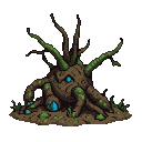 A stoic ground elemental formed from earth and wood, covered in green moss and reaching tendrils, with luminous blue eyes. Its base is a tangle of roots and soil with grass tufts.