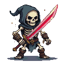 Skeletal warrior in a dark hood holding a glowing red sword.