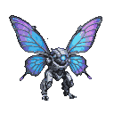 A grey and silver pixie mech with large, iridescent blue and purple butterfly wings and a glowing cyan optic.