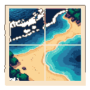Pixel art depicting a transition from deep ocean to shallow turquoise water with a sandy beach and green foliage.