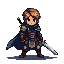Lone warrior in dark armor and cape, holding a short sword, ready for battle.