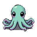 A light teal octopus with large dark eyes and pink tentacle accents, splayed outwards.