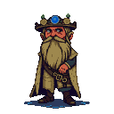 A stout, bearded figure wearing a regal crown with a blue gem, a flowing earth-toned robe, and a belt of pouches.
