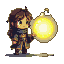 Yellow pixel art spirit orb with glowing core held by a chibi character in muted brown and green layered outfit.