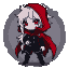 Chibi vampire Scarlet, with messy white hair and glowing crimson eyes, in a tattered scarlet cape and charcoal leather tunic, posed in a battle stance.