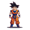 Goku in orange gi and blue undershirt, with spiky black hair and muscular build, stands with a determined expression against a dark background.