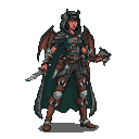 A fierce half-demon rogue, cloaked and armored, grips her dagger, crimson wings hinting at infernal power, ready for any adventure.