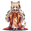 Cat-eared girl in an orange and white floral kimono with flowing pale yellow and silver hair.