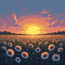 A field of sunflowers with white petals under an orange, pink, and purple sunset sky.