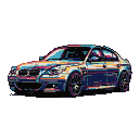 Sleek BMW M5 E60 sedan in dynamic, colorful pixel art with blues, teals, oranges, and yellows against a black background.