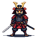 A samurai warrior in dark armor with red accents and a golden helmet holds a katana, ready for battle.
