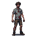 A lone, shambling zombie high school student with a vacant stare, hunched posture, and blood-stained tattered clothes.