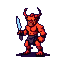 Crimson-skinned demon warrior with upward-curving horns, snarling face, muscular physique, tattered loincloth, and a jagged light-blue bladed weapon.