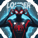 Masked superhero in a black and red spider suit with a glowing red emblem, wearing large over-ear headphones. Cyberpunk background with neon blue and cyan lighting, graffiti text reading "LOUDER," and glowing particles.