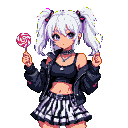 Young woman with white pigtails, black punk-inspired outfit, and a pink and white swirled lollipop.