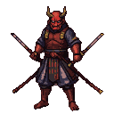 Samurai warrior in crimson armor and a red oni mask with golden horns, holding two katanas.