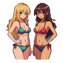 Two young women in bikinis, one blonde in teal and one with dark hair in red, stand with hands on hips against a black background.