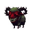 A monstrous sheep with a crimson, demonic head, glowing red eyes, sharp teeth, and dark spiraling horns.
