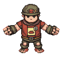 Young figure in patched olive-green helmet and red tunic with yellow emblem, arms outstretched.