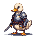 A pixelated duck wearing plate armor and holding a sword.