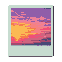 Pixel art Polaroid photograph of a serene sunset with warm orange, pink, and purple hues, soft clouds, and a diffused sun glow.