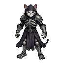 A necromancer with a feline face, red glowing eyes, and skeletal armor over purple robes.
