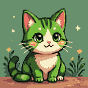 Emerald-green tabby kitten with large, expressive eyes and a gentle smile, set against a muted green background with glowing yellow stars and stylized flowers.