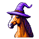 Orange horse wearing a purple wizard hat.