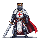 Regal Templar Grand Master in white robe with red cross, wearing plate armor and an open-faced crowned helmet, holding a long, sharp sword.