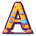 Stylized golden letter "A" made of rough stone, adorned with sky-blue clouds, standing on rocky feet.
