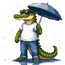 Dapper alligator in sunglasses, white t-shirt, blue jeans, and flip-flops, holds a blue umbrella in the pouring rain.
