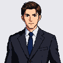 Young man in a dark suit, white shirt, and blue tie, with dark, styled hair, looking directly forward.