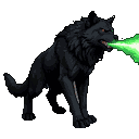 Obsidian-furred wolf with glowing emerald eyes unleashes a radium-green energy beam from its maw.