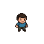 A pixelated character in a blue tunic and brown trousers stands in a ready stance.