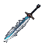 Fractured reality-warping sword with a segmented dark hilt, weathered brown crossguard with red accent, and a blade dissolving into static and distortion with icy blue and white pixels.